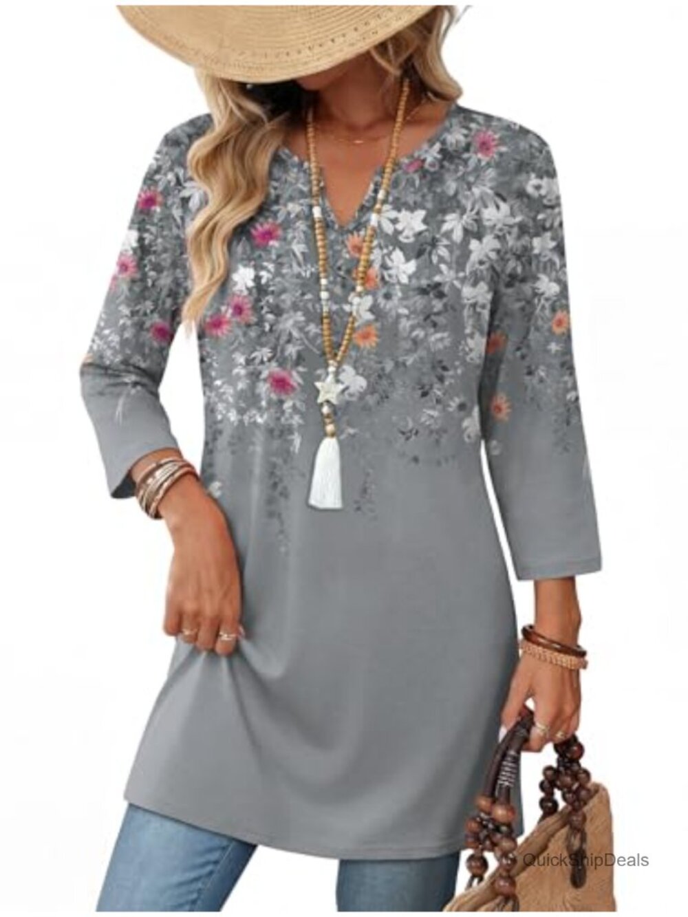 Boho Tunic Top V-Neck 3/4 Sleeve Floral Summer Vacation Blouse